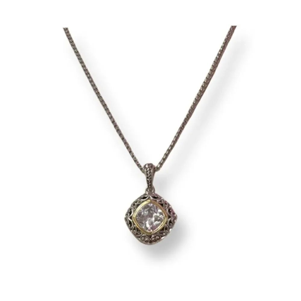 Yurman Style Clear Rhinestone Filigree Pendant Silver Necklace